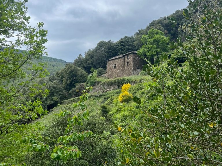 Ruines d'un bâtiment en pierre entouré de verdure et de collines.
