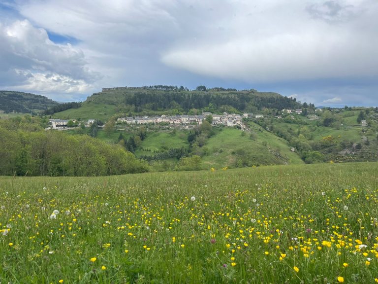 Paysage verdoyant avec des collines et un village au loin, sous un ciel nuageux.