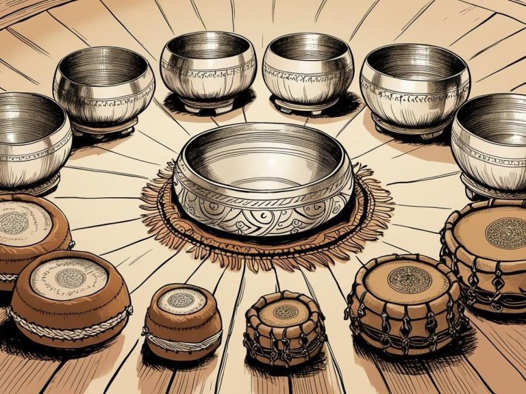 Collection de bols et tambours de différentes tailles disposés en cercle.