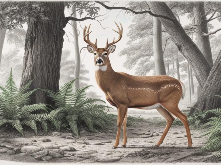 Un cerf majestueux dans une forêt verdoyante, entouré de fougères.